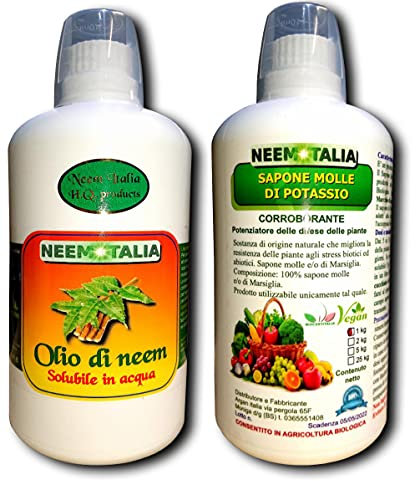 Argan Italia - Olio di Neem e Sapone Molle Potassico per Piante 1+1 Litri, l’Olio Agisce Naturalmente Contro Insetti e Funghi, il Sapone Molle di Potassio Potenzia le Proprietà del Trattamento
