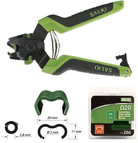 SALKI Pack Grapadora Cercas con Cargador FSK20C - Grapadora para Vallas con Cortador de Alambre Incorporado + Blíster de 200 Grapas Ω20 Verde