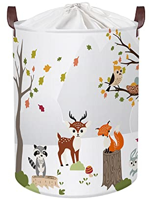 Clastyle Wildtiere Kinder Wäschekorb mit Henkel Baumzweige Kleidung Spielzeug Aufbewahrungskorb Jungen Mädchen Aufbewahrungsbox für Babyzimmer Bad, Hirsche Fuchs Waschbär, 36 * 45 cm