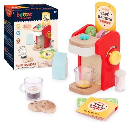 Battat Education kaffebryggare barn av trä för barnkök och lekkök tillbehör – padds, mjölk, socker, kaffekoppar, kex – leksaker kökstillbehör, lekporslin, träleksaker från 2 år