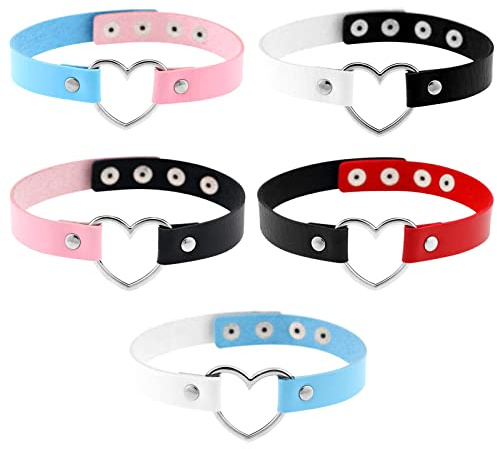 JewelryWe Schmuck 5pcs Damen Choker Leder Halsband Gothic Punk Lolita Herz Sklave Kragen Halskette 32-38cm Erstellbare Zweifarbig Collier Kette, 5 Farben Set