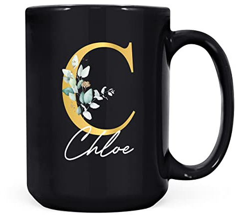 Personalised Letter C Floral Mug Initial with Name, Customised Gift, Gold Effect Printed Letter, NOT Metallic - Ceramic Coffee Cup for Men or Women, Extra Large and Giant Mug, 15oz Black Cup