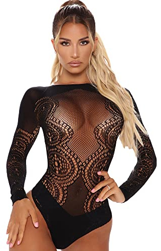 FDEETY Lingerie Donna Pizzo Body Maniche Lunghe Trasparente Elegante Intimo Abbigliamento Completo Sexy Aderente Traspirante Morbido Confortevole