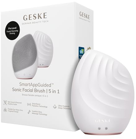 GESKE | Cepillo facial SmartAppGuided™ 5 en 1 | Cepillo de limpieza facial eléctrico | Cepillo de silicona suave | Limpieza facial profesional | Dispositivo de limpieza facial | masajeador facial