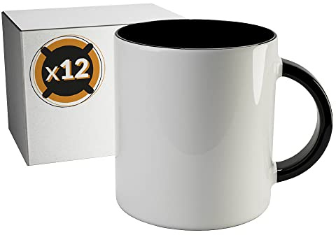 PixColor – 12 tazas de sublimación de cerámica blanca con interior de color negro | Caja individual neutra | 350ml (11oz) | Categoría AAA | Aptas para microondas y lavavajillas | Cricut
