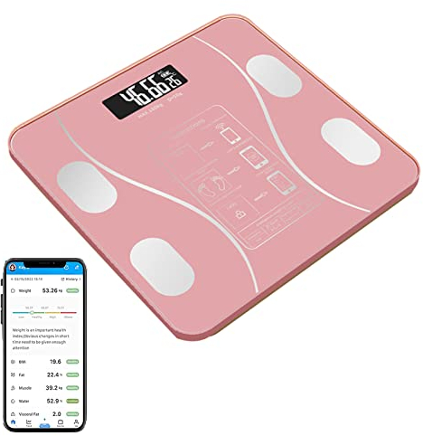 Balance Pese Personne, Balance Numérique Intelligente pour Graisse Corporelle, Balance Connectée Bluetooth Pèse Personne Impédancemètre avec App (Rose)