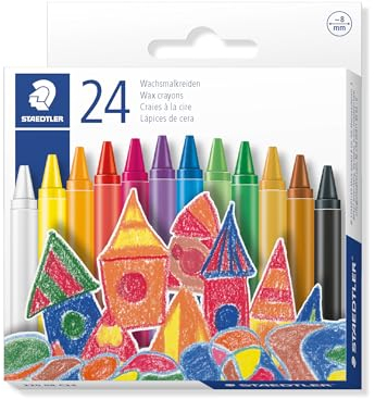 STAEDTLER Wachsmalkreide, leuchtende Farben, 8 mm Durchmesser, mit Papiermanschette, 24 Wachsmalkreiden in sortierten Farben im Kartonetui, 220 08 C24