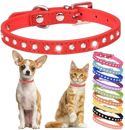 Hotlion Strass-Hundehalsband, süßes Kristalldiamant-Katzenhalsband, weiches Leder, Kätzchen, Welpenhalsbänder, verstellbar, für kleine mittelgroße Hunde, Rot, XXS