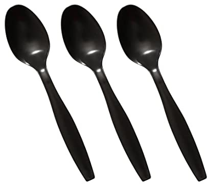 Venuscello® 100 x Black Spoons Plastic Cutlery Set - Reusable & Washable Heavy Duty Cutlery Long Tablespoon - Ideal for Birthday, Parties, Camping & Catering