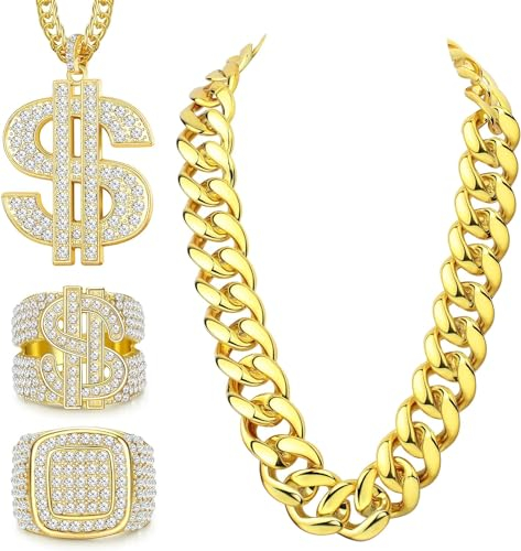 Diamday 4PCS Anni '80 '90 Hip Hop Costume Kit per Donna Uomo Rapper Finta Oro Catena Dollar Sign Collana Dollar Sign Dito Anello DJ Punk Iced out Anello Hippie Costumi Set Rapper Carnevale Accessori