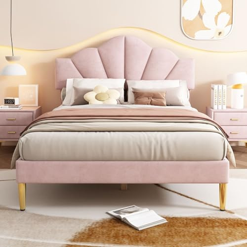 Sweiko Lit Velours Rembourré 140 * 190 cm,Lit Double Design Élégant en Forme de Coquille avec Pieds en Fer Doré, Tête de Lit Réglable Sommier à Lattes en Bois Adulte lit,Rose