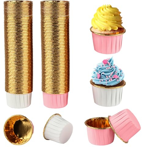 RVLZKCPG 120 Pezzi Pirottini per Muffin Carta, Mini Pirottini Muffin, Pirottini Cupcake Impermeabile e Antigrasso, Pirottini Carta per Compleanno e Matrimonio (Bianco, Rosa)