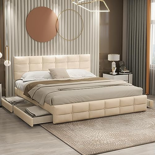 Rtopsu Polsterbett Doppelbett 180x200 cm 4 Stauraum Schubladen, Bett mit Verstellbares Kopfteil, Bettgestell mit Metallrahmen und Lattenrost aus Holz, Samt, Beige, Ohne LED-Beleuchtung und Matratze