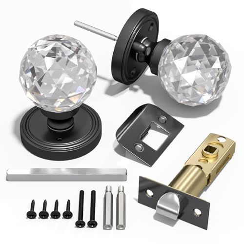 Bwintech 1 Paar schwarze Türknöpfe aus massivem Kristall, 65mm Kristalltürgriffe im Palaststil mit Verriegelung und DIY-Schraubensatz für Badezimmer, Schlafzimmer, Flur