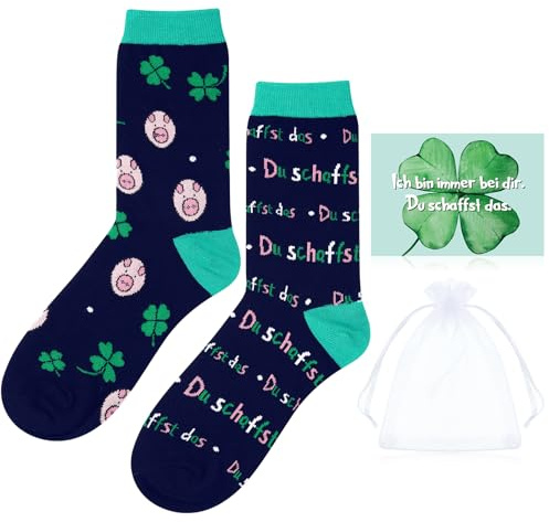 Otuuz Set de Regalo de Suerte Incluido Calcetines Divertidos de la Suerte Postal de Trébol de Cuatro Hojas Bolsa de Organza(Cerdo Afortunado)