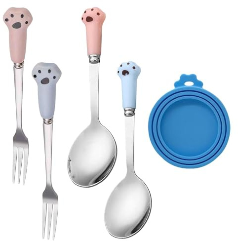 HDGSAFD 2 Cuillères À Pattes De Chat, 2 Fourchettes À Pattes De Chat, 1 Couvercle De Boîte, Couverts en Acier Inoxydable, Cuillères Et Fourchettes pour Aliments pour Animaux De Compagnie
