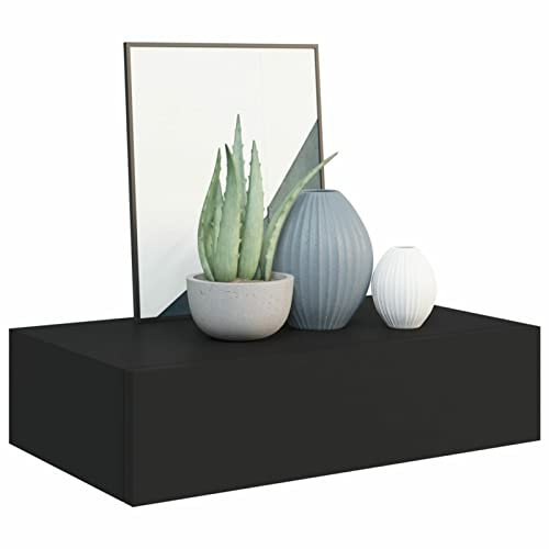 Schwebendes Wandregal mit Schublade, schwarze MDF-Wandaufbewahrung, schwebende Regale für Zuhause, moderne Wandeinheit, 40 x 23,5 x 10 cm, ideal zum Dekorieren und Dekorieren.
