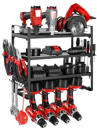VEVOR Organiseur mural pour outils électriques, support de rangement à 4 niveaux avec 4 emplacements, porte-outils avec support de tournevis, étagère à outils pour garage, établi et atelier, noir