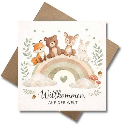 WBdesignz Geburtskarte Willkommen auf der Welt mit Umschlag - süße Geburtstagskarte mit Tieren, Regenbogen (125 x 125 mm)