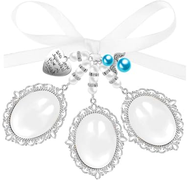 Gaomumu Bow Pearl Heart Shape Photo Charm Pendant, Romantic Wedding Bouquet Memorial Charm, Photo Charms with 3 Picture Frame for Wedding Memory, Suitable for Bridal Party, Engagement Decorations