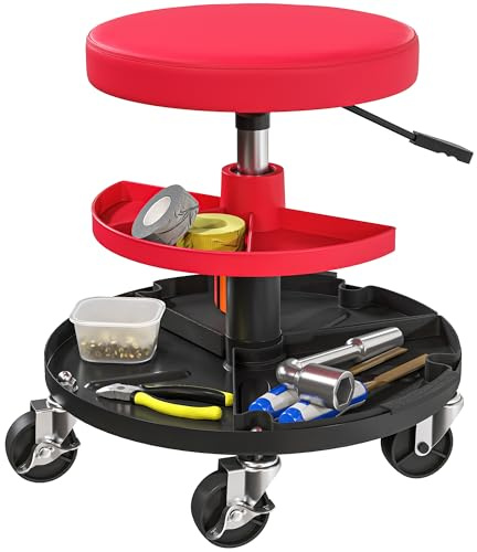 HOMCOM Sgabello da Officina con Ruote da 6 cm, Sgabello da Meccanico, Altezza Regolabile 40-51 cm, Sedile Imbottito Robusto con Vassoi Porta Utensili, capacità 135 kg, Rosso