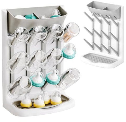 Umllpet Trockenständer Babyflaschen, 12 Haken Flaschentrockner mit Abtropfschale, Vertikaler Flaschentrockner Halter, Platzsparendes Küchenflaschenregal, Organizer für Arbeitsplatte für Bechern Pumpen