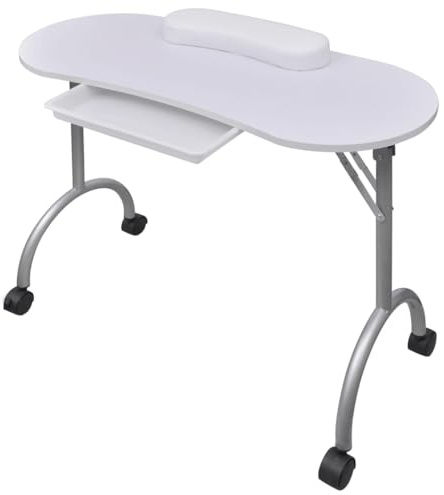 LoogCape Fällbart manikyrbord med hjul i vitt, med handledskudde, stor arbetsyta, stabila stålben, inbyggd låda, bärväska