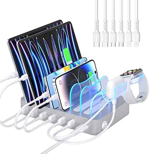 SooPii USB Charging Station,50W Dock Station for Multiple Devices,6 Mixed Charging Cables Included, 6 Port USB Charger Station Organizer for Phones,Tablets,and Other Electronics (Silver)