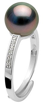 PEARLS & COLORS - Bague Joaillerie Véritable Perle de Culture de Tahiti Ronde 8-9 mm - Qualité A+ - Argent 925 Millièmes - Taille Ajustable - Bijou Femme