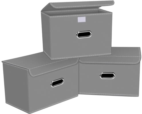 SEVENDOME Linen Fabric Foldable Collapsible Storage Cube Bin Organizer Basket with Lid, Leather Handles, Removable Divider for Home, Closet (Grey, 3Pcs)