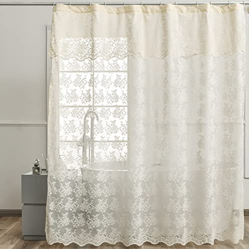 YJ YANJUN Ivory Lace Shower Curtain - Shabby Chic Flower Shower Curtain with Attached Valance, Luxury Lace for Bathroom, Farmhouse Bath Curtains, 72 x 72 Inch, Light Beige