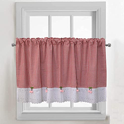 Ricemru Kariert Rot Scheibengardine Landhausstil Vintage Stickerei Kurzgardine Bistrogardine Blickdicht Küchengardine Kurzvorhang Romantisch Küche Esszimmer mit Kirsche Anhänger,90x90