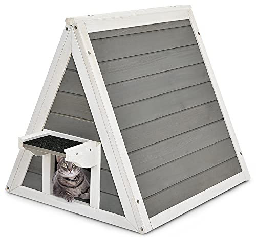 COSTWAY Maison pour Chat, Forme Triangulaire, Haute Résistance avec Matériaux Sapin, Niche pour Chat Idéal pour Intérieur et Extérieur, 50 x 55 x 52 cm, Gris