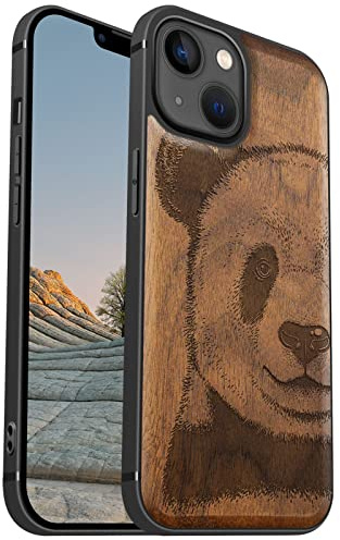 Carveit Étui en Bois pour iPhone 13, (Noyer-Panda) | Bois Étui de Magnétique Téléphone Antichoc TPU, Protection Case Compatible Magsafe pour iPhone 13 Coque