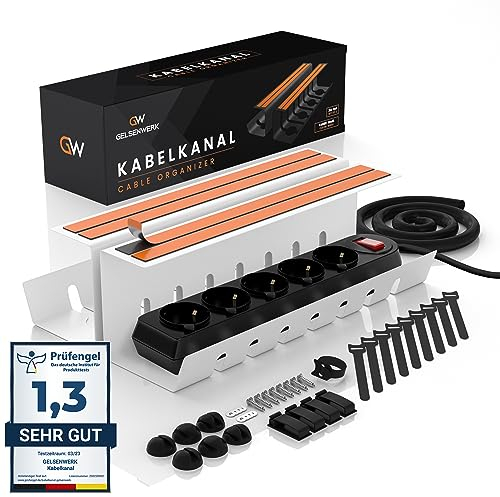 GELSENWERK® Kabelkanal Schreibtisch Weiß - Kabelmanagement Set selbstklebend & verschraubbar - Kabel Organizer & Kabelwanne ohne Bohren - 2er Komplettset für Büro & Home Office