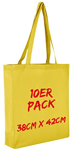 TEXXILLA Baumwolltasche - 10er Pack | Gelb | mit Zwei Langen Henkeln, Boden- und Seitenfalte | 38x42cm | Jutebeutel | Einkaufstasche | unbedruckt