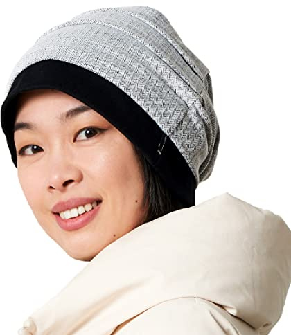 CHARM Long Beanie Für Damen & Herren - Baggy Beanie Leichte Mütze Mit Gelegten Falten Im Fischgrät Tweed Muster Mit Baumwolle Hellgrau