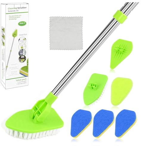 Long Handled Scrubbing Brush, 3 in 1 13in-32in Adjustable Handle Bathroom Cleaning Brush with Crevice Brush, 180° Rotatable Shower Cleaning Brush with Replaceable Stiff Bristle Tub and Tile Scrubber