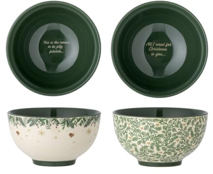 Bloomingville Grazia 2er Set Schalen aus Steingut in der Farbe Grün mit Weihnachtlichem Aufdruck, Spülmaschinengeeignet, 14xH7,5 cm, 82058356