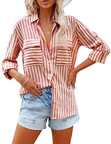 Zitiki Camicetta da Donna Elegante a Righe, Scollo a V, Casual, a Maniche Lunghe, con Tasca, Colore: Rosso, M
