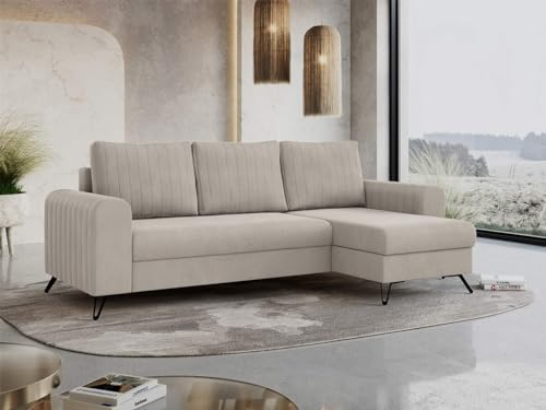MKS MEBLE Wohnlandschaft Axel – Ecksofa L-Form universal, beidseitig montierbar (Links/rechts), Schlafsofa mit Bettkasten und Schlaffunktion, Couch mit Schlaffläche - Beige Samt (Letto 03)