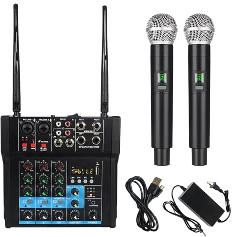 Micfuns MH02 Amplificateur audio 130 W, mélangeur 4 canaux avec double micro sans fil, console MP3 Bluetooth 48 V alimentation fantôme USB DJ mixage pour maison, karaoké, fête, ordinateur, studio