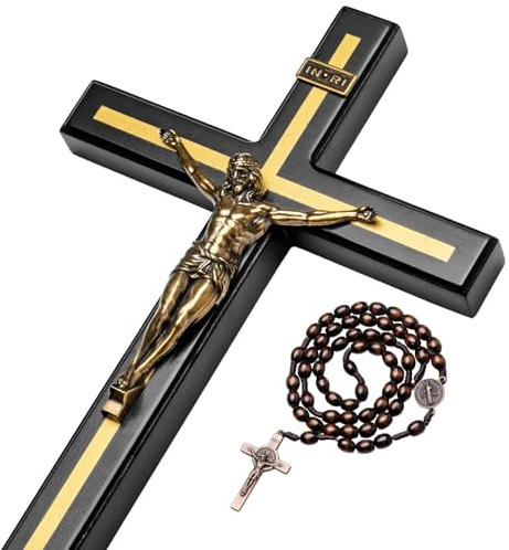 KUXBET 12 Inch Wall Crucifix With Wooden Cross Necklace, Catholic Wooden Jesus Christ Wall Hanging for Home Decor