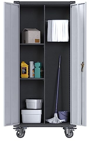 SUPEER Metall Besenschrank, Putzmittelschrank, Mehrzweckschrank, Metall Garage Aufbewahrungsschrank mit Rädern, Besen Schrank Aufbewahrungsschrank mit hängender Stange180x80x40cm(Silbergrau)