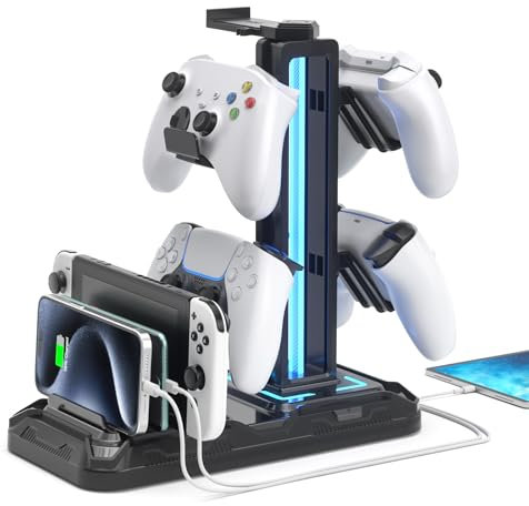 KDD Headset Stand with Charging Station - Detachable Headset Controller Holder Stand with 9 Light Modes, Rotatable Headphone Hanger with USB Charging Ports for PC Gaming Accessories Storage (Black)