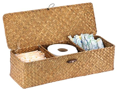 IGNPION 3-Compartment Seagrass Storage Baskets with Lid Woven Seagrass Desktop Basket Bathroom Storage Organiser Box, Shelves & Desks Decorative Wicker Basket(Caramels)