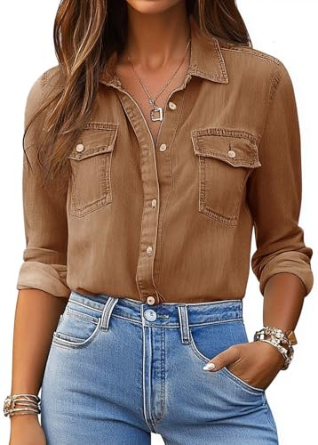 Chemise en jean chambray pour femme - Chemises western à manches longues boutonnées, Taille XL