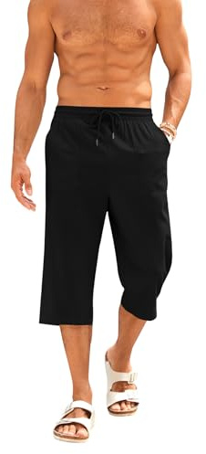 Runcati Bermuda 3/4 en coton et lin pour homme, pantalon d'été, de yoga, de jogging, de sport, de loisirs, avec poches