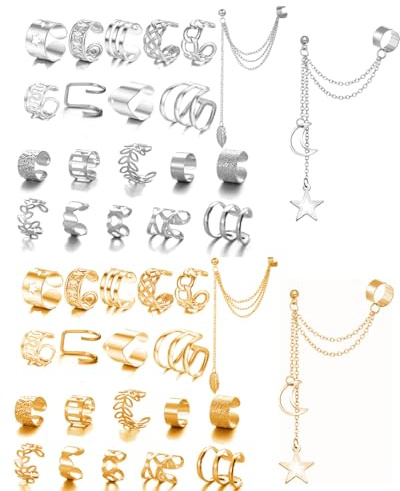 TOZBLEU 64 PCS Ear Cuff Orecchini Set Orecchini Senza Buco Non Piercing Cartilagine Catena Polsino Orecchini Ear Clip per Donne Regolabile Farfalla Wrap Orecchini Clip Finta Earcuffs Ipoallergenici
