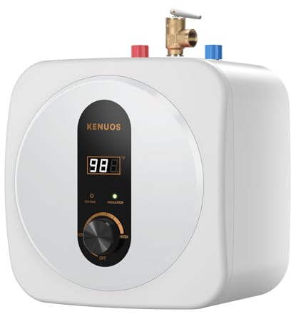 KENUOS Under Sink Instant Hot Water Heater,2.5 Gallon Mini Tank Water Heaters with LED Display,1500W 120V Small Water Heater 1/2 NPT for RV,Kitchen,Compact Design with T&P Valve,3-Way Fitting Valve
